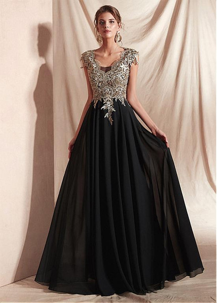 Chiffon V-neck Red Cap Sleeves A-line Evening Dresses With Embroidery