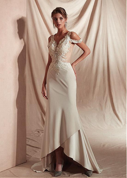 Ivory Satin V-neck Mermaid Prom Dresses With Appliques