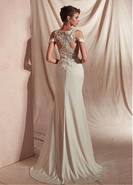 Ivory Satin V-neck Mermaid Prom Dresses With Appliques