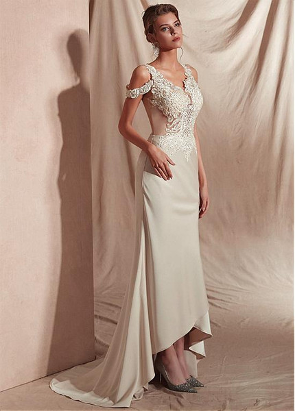 Ivory Satin V-neck Mermaid Prom Dresses With Appliques