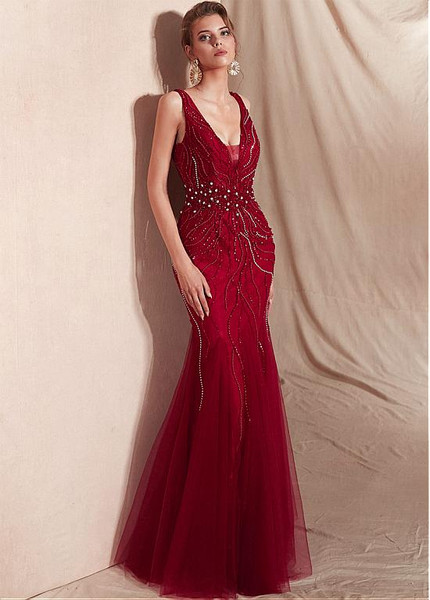 Tulle V-neck Red Mermaid Evening Dresses With Beadings