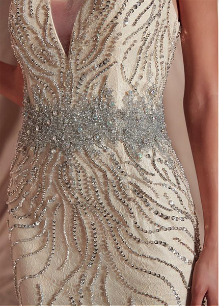 Tulle V-neck Red Mermaid Evening Dresses With Beadings