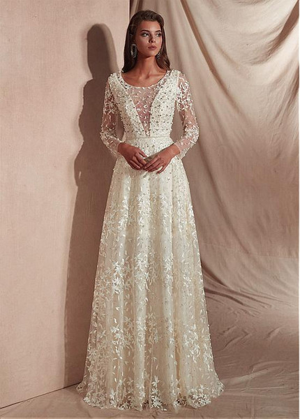  Lace & Tulle Scoop Long Sleeves White  A-line Prom Dresses With Beadings