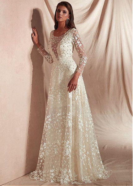  Lace & Tulle Scoop Long Sleeves White  A-line Prom Dresses With Beadings