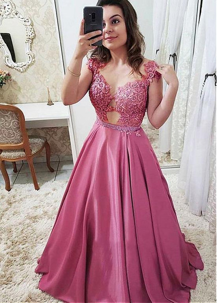  Beaded Lace Appliques Satin Jewel Pink A-line Prom Dress