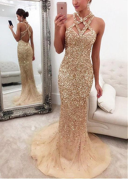 Gold Sparkle Tulle Halter Beadings Mermaid Evening Dress
