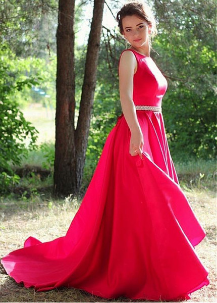  Satin Jewel Red Backless A-line Evening Dresses With Beadings