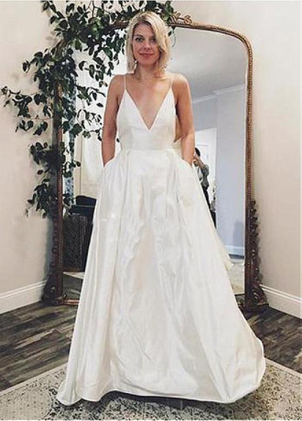 Satin Spaghetti Straps A-line Wedding Dress With Pockets