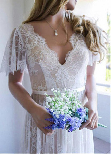 Tulle V-neck Cap Sleeves A-line Wedding Dresses With Belt