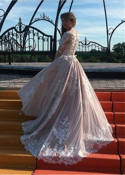 Half Sleeve Pink Tulle Bateau Lace Appliques A-line Wedding Dress