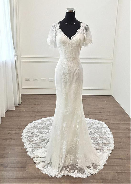 Sexy Lace V Neck Short Sleeves Mermaid Wedding Dress