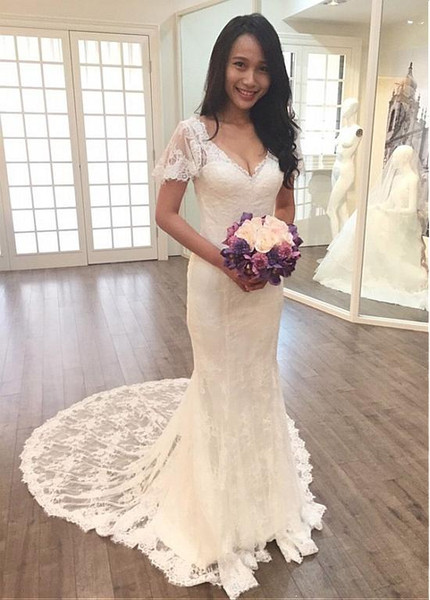 v neck short sleeve wedding dress