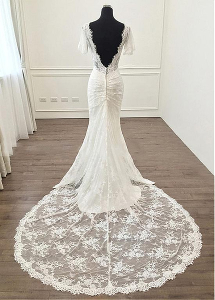 Sexy Lace V-neck Short Sleeves Mermaid Wedding Dress