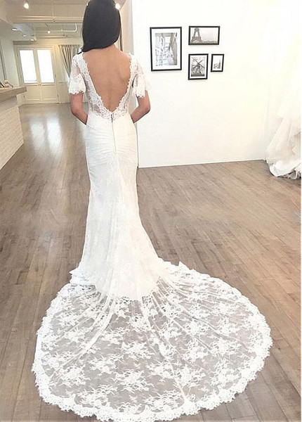 Sexy Lace V-neck Short Sleeves Mermaid Wedding Dress