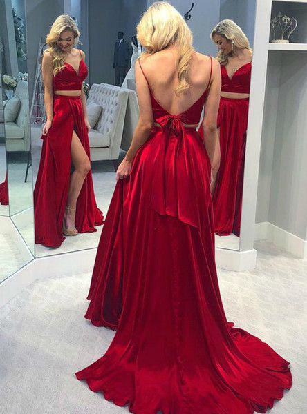 Red Satin Spaghetti Straps Backless Two Piece Long Prom Dress