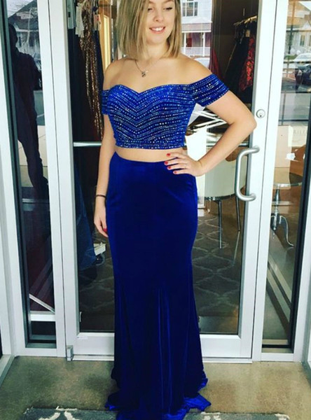 Beading Off The Shoulder Royal Blue Two Piece Velvet Beading Prom Dresses 
