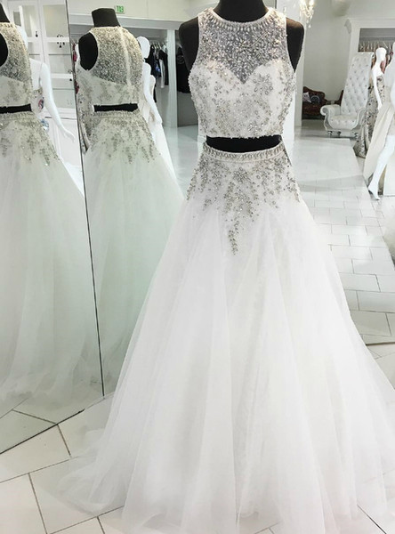 Beading Crystal Sparkly A-Line White Tulle Two Piece  Prom Dress