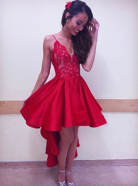 High Low Red Spaghetti Straps Asymmetric Satin Homecoming Dress 