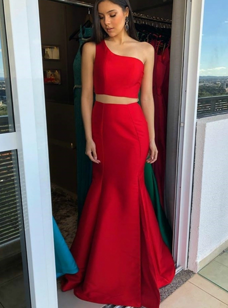 Red One Shoulder Mermaid Pageant Two Pieces Prom Dress