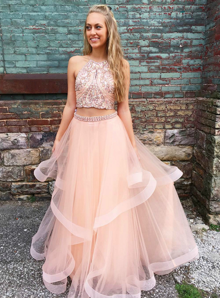  Pink Tulle Halter Beading Long Two Piece Prom Dress