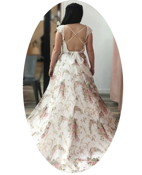Lace and Floral Print Backless Two Piece White Prom Dress