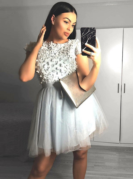 Scoop Silver Flowers Tulle Homecoming Dress with Appliques