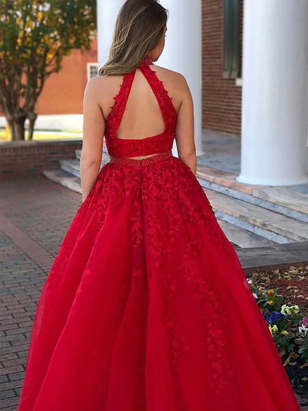 Red Halter Beading Tulle Appliques Beading Two Piece Dresses
