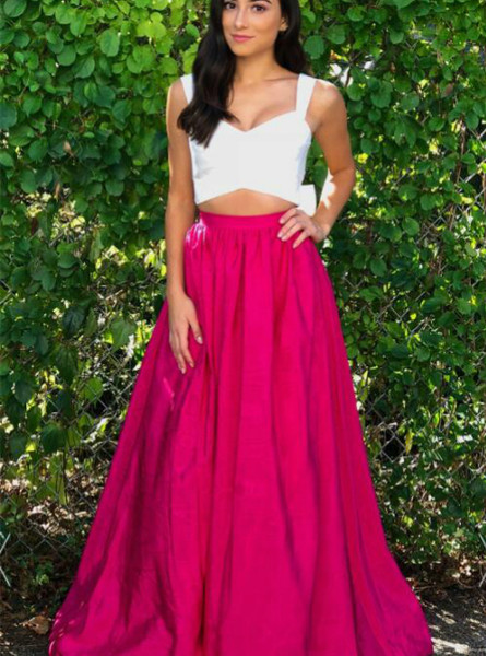  White Top Long Straps Satin Two Piece Prom Dress