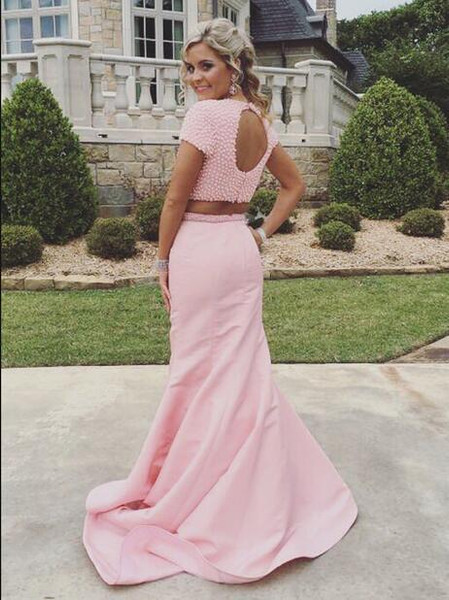 Two Piece Pearl Cap Sleeves Mermaid Satin Prom Dresses