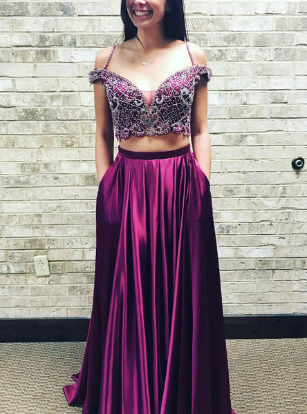 Purple A-Line Satin Spaghetti Straps Two Piece Prom Dress