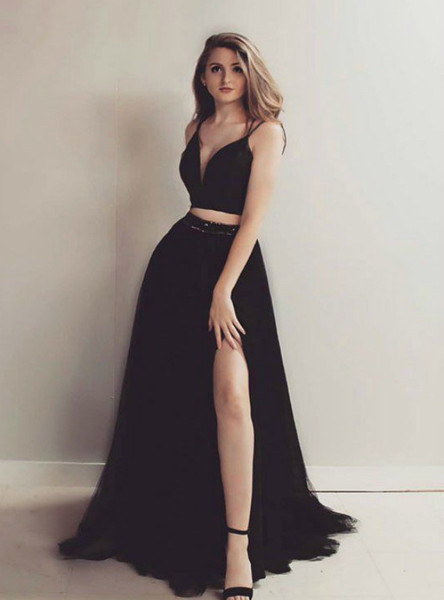 Spaghetti Straps Tulle A-Line Black Two Piece Prom Dress With Side Split