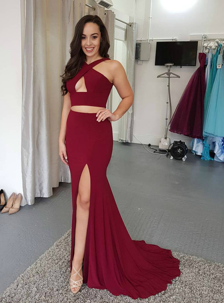 Burgundy Mermaid with Side Slit Two Piece Prom Dress