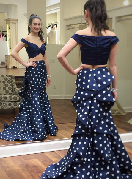 Blue Satin Polk Dots Mermaid Long Two Piece Prom Dress