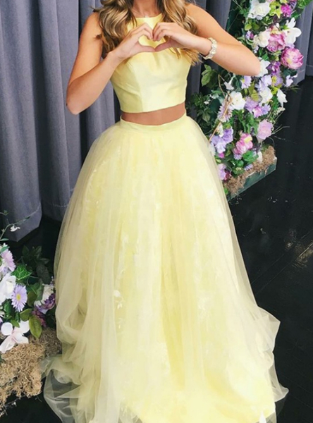 Yellow Ball Gown Two Piece Tulle Long Prom Dress