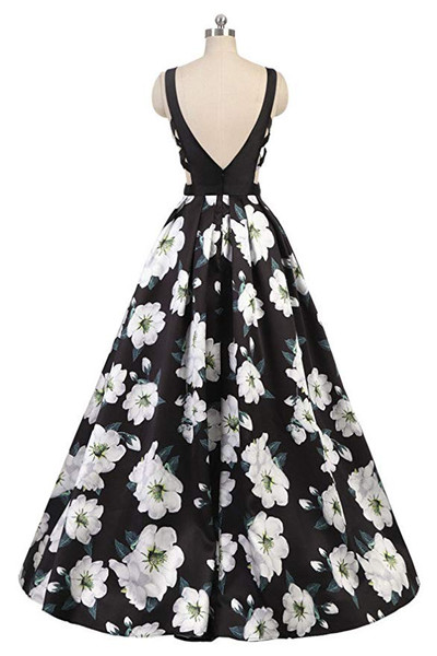 Floral Print  A Line Long Black Prom Ball Gowns Dress