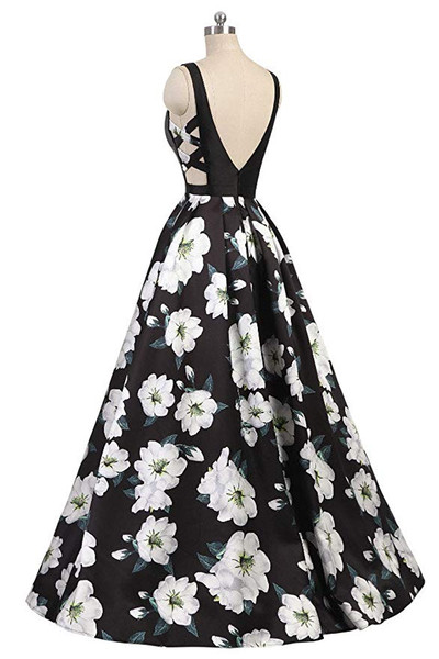 Floral Print  A Line Long Black Prom Ball Gowns Dress