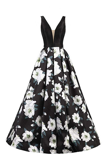 Floral Print  A Line Long Black Prom Ball Gowns Dress