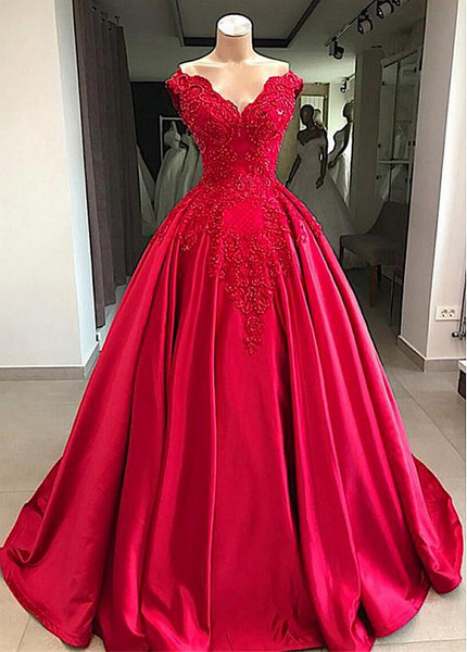 Satin Off-the-shoulder Red Ball Gown Evening Dress With Lace Appliques