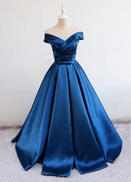 Satin Off-the-shoulder Royal Blue A-line Evening Prom Dress With Bowknot