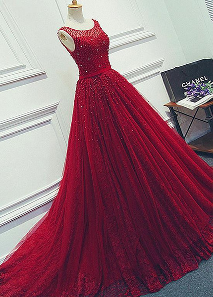 Tulle Jewel Beading Belt Red A-Line Evening Prom Dress
