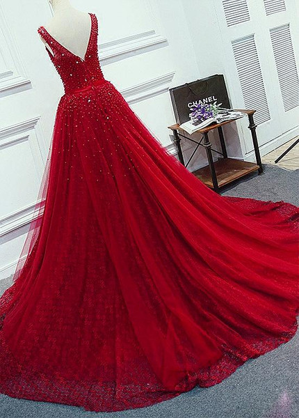 Tulle Jewel Beading Belt Red A-Line Evening Prom Dress