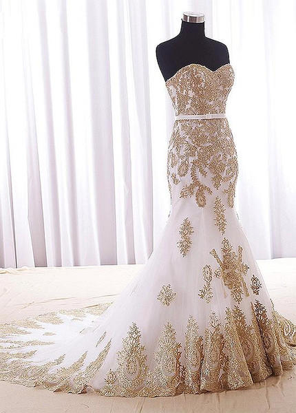 Sweetheart Champagne Floor-length Mermaid Evening Prom Dress With Lace Appliques 