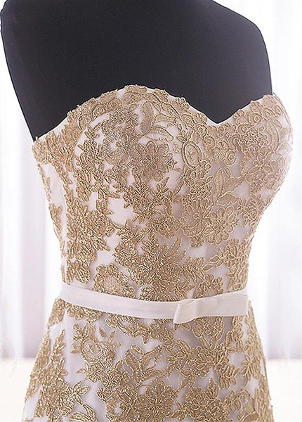 Sweetheart Champagne Floor-length Mermaid Evening Prom Dress With Lace Appliques 