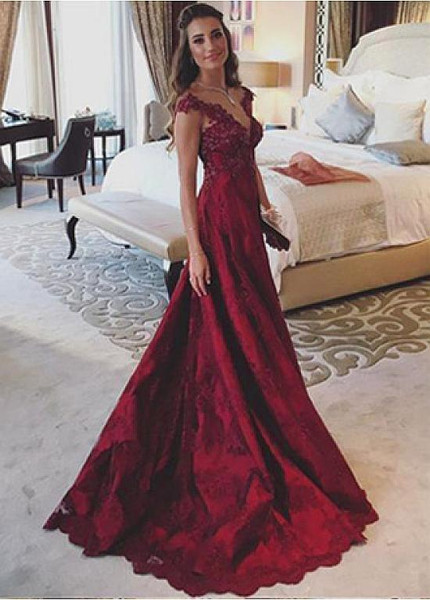 Satin V-neck Beading Lace Appliques Burgundy A-line Evening Prom Dress