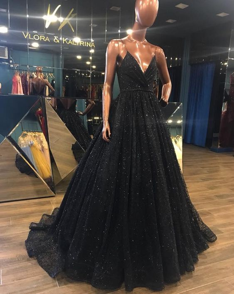 Split A-Line Spaghetti Straps  Black Sequined Prom Dress