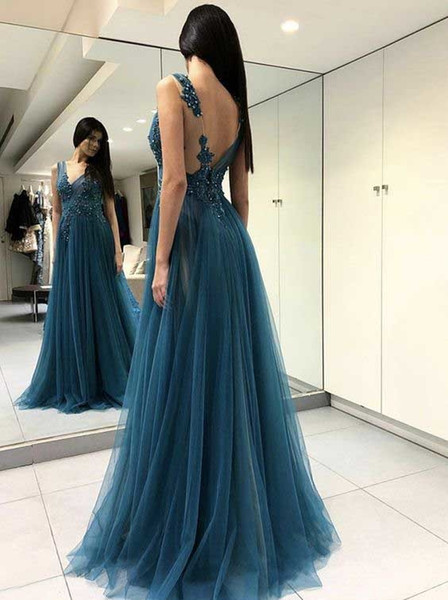 Sexy V Neck  Long Side Split Tulle Beading Evening Prom Dress