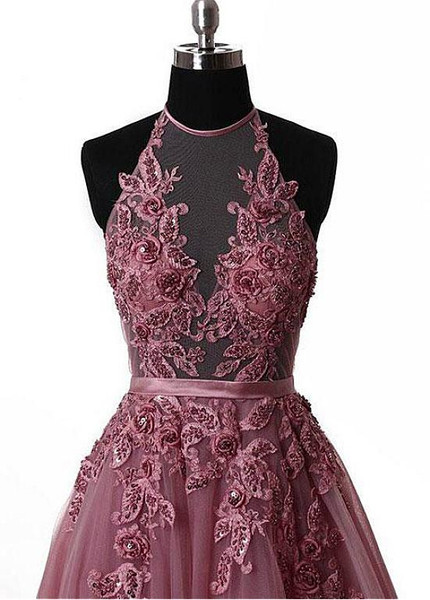 Jewel Pink Bead Lace Appliques & Belt Floor-length A-line Prom Dress