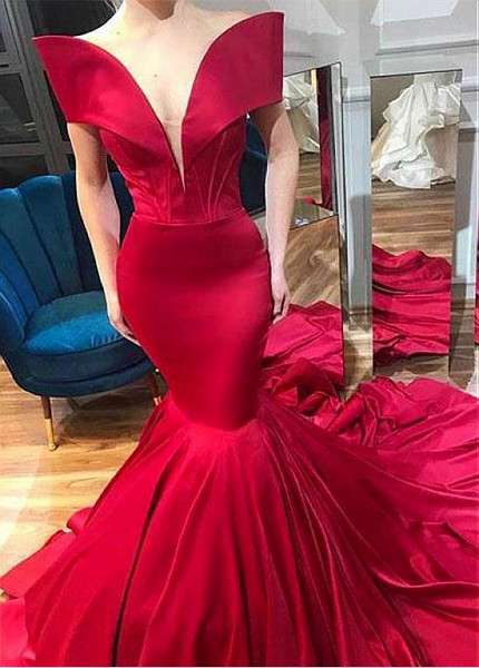 Satin Off-the-shoulder Burgundy Floor-length Mermaid Evening Dress