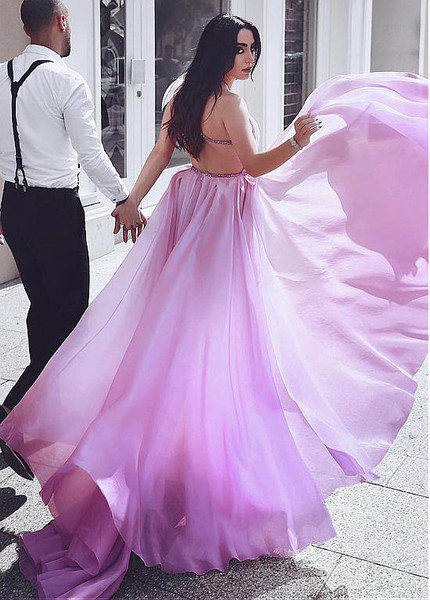Organza One Shoulder Beading Purple High Low Evening Dress