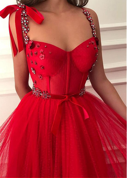 Polka Dot Tulle Sweetheart Beading Handmade Flowers Prom Dress